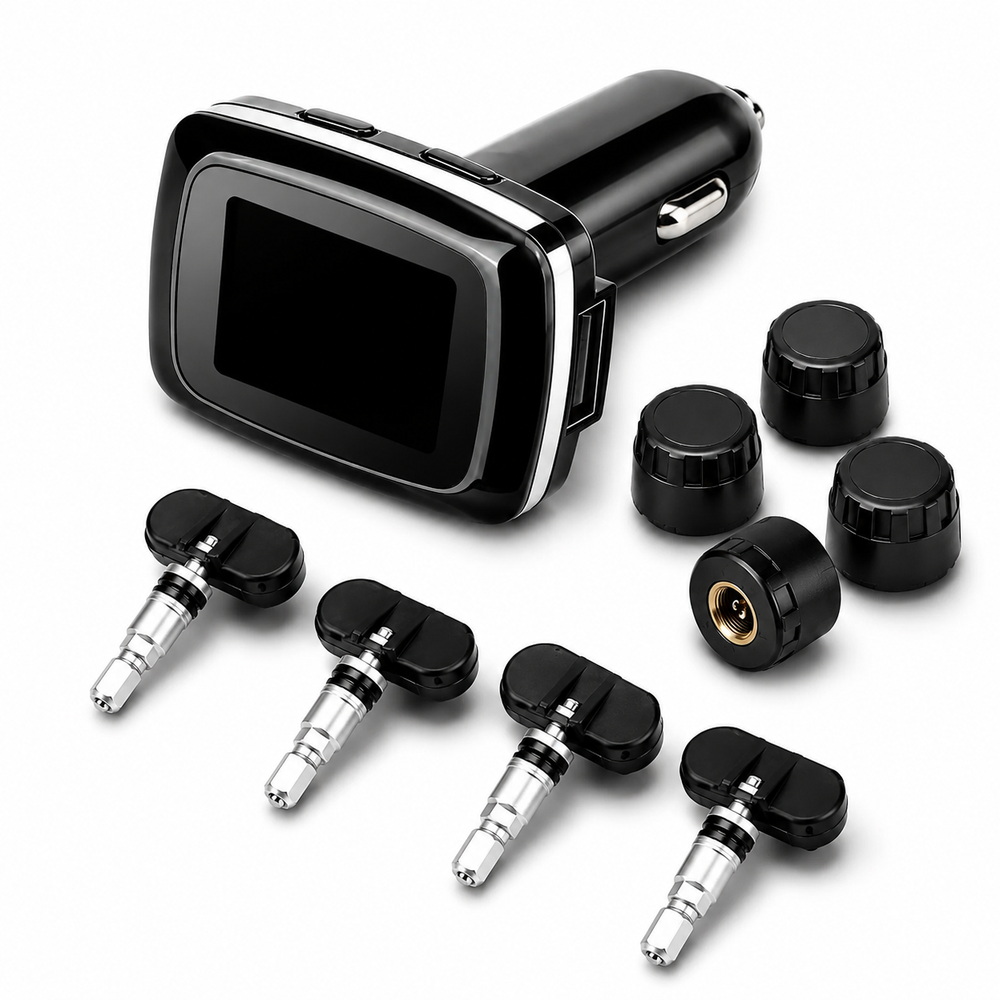 four external tpms sensors installed on car tire valve stems
