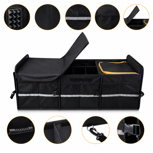 Black car trunk organizer with features highlighted on a textured background