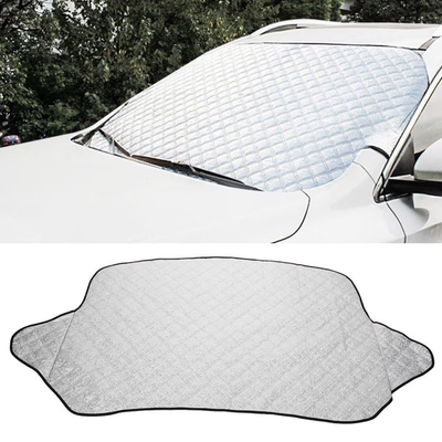Car windshield with a protective cover and a close-up of the cover on a white background.
