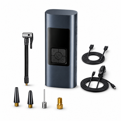 An electric air pump kit with a dark gray cylindrical pump, a flexible hose-mounted air nozzle, multiple connector tips, and two black charging cables on a white background.