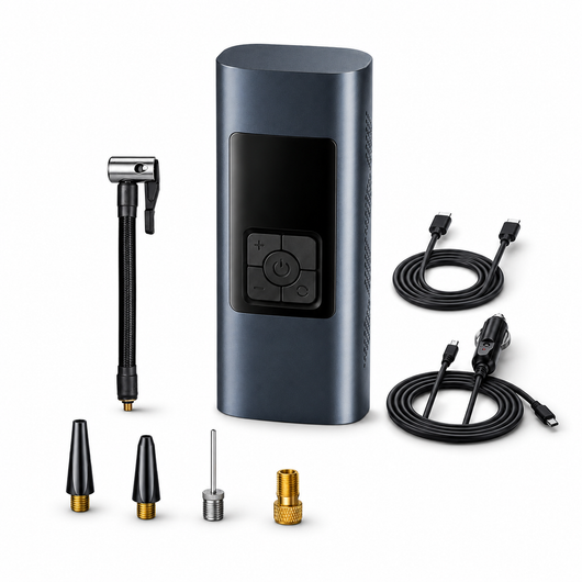 An electric air pump kit with a dark gray cylindrical pump, a flexible hose-mounted air nozzle, multiple connector tips, and two black charging cables on a white background.
