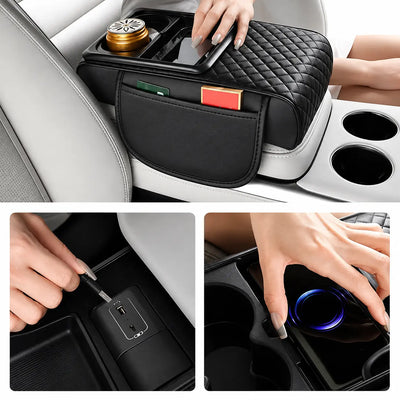 leather armrest box showing built in tissue slot compartment