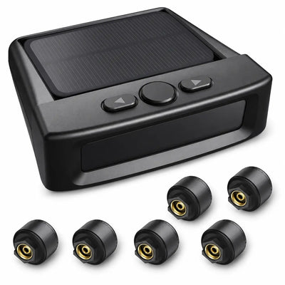 Tire pressure monitoring system with solar panel and wireless sensors on a white background