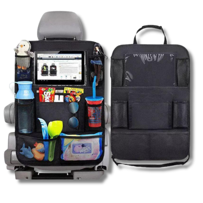 Car seat organizer with multiple pockets and items on a white background