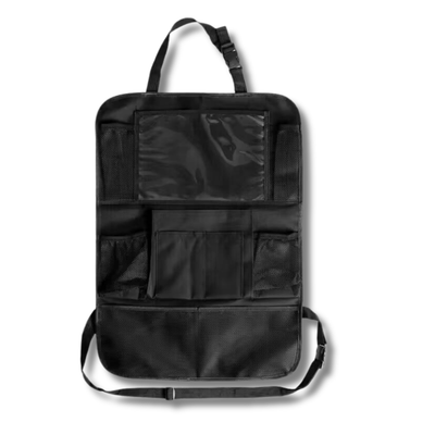 Black car seat organizer with multiple pockets on a white background