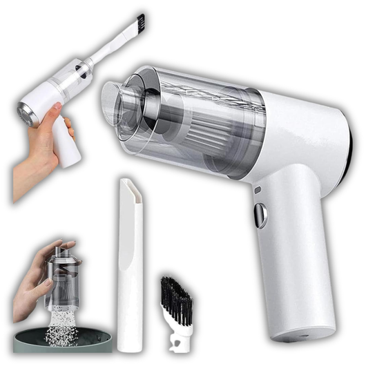 White handheld vacuum cleaner with attachments on a white background