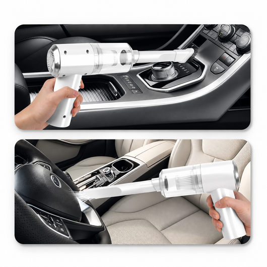 Handheld vacuum cleaner being used in a car's console and seat.